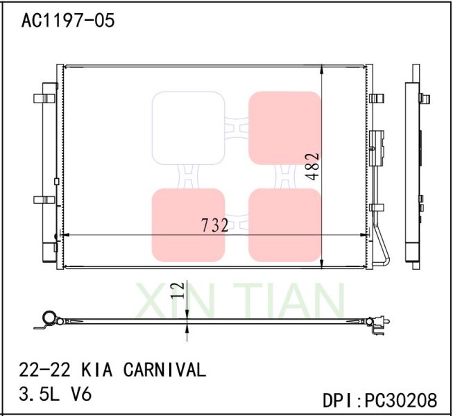 AC1197-05,AC CONDENSER FOR PC30208,22-22 KIA CARNIVAL 3.5L V6,16