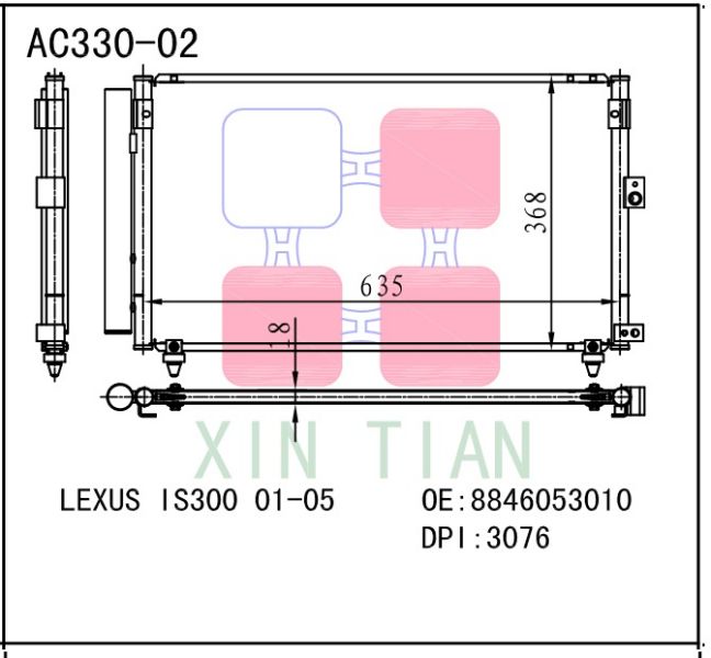 AC330-08 A/C CONDENSER FOR  LEXUS  01-05 IS300  OEM#8846053010  DPI#3076  SPI #7-3076