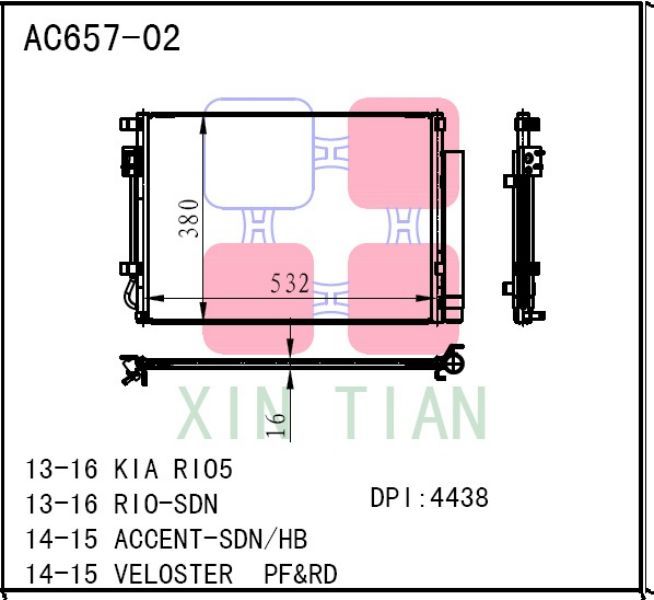 AC657-08 A/C CONDENSER FOR  KIA  13-16 KIA RIO5   13-16 RIO-SDN    14-15 ACCENT-SDN&HB   14-15 V