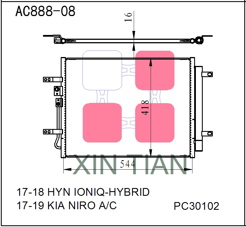  AC888-08 韩系 现代起亚冷凝器 AC Condenser for 17-18 Huyundai Ioniq Hybrid 17-19 Kia Niro PC30102 OEM#97606G2